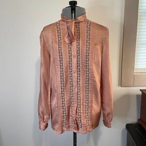 Vintage 70s 80s Lepia Ferie Secretary Blouse Size Small Lace Insert Neck Tie